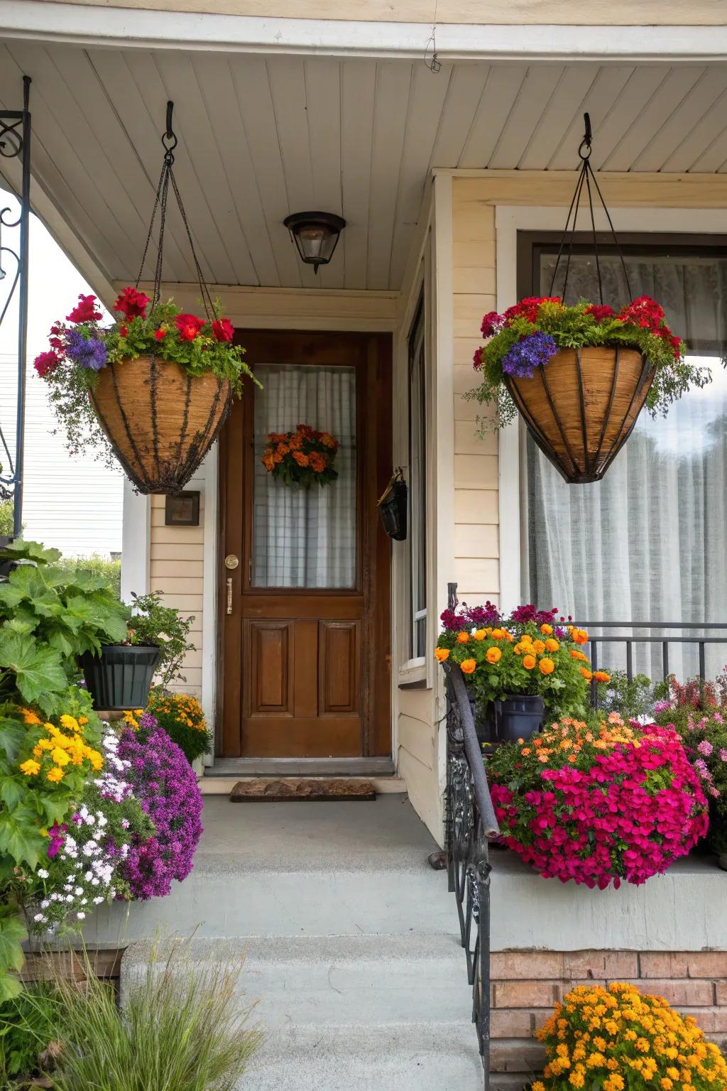 Hanging baskets add color without using ground space.