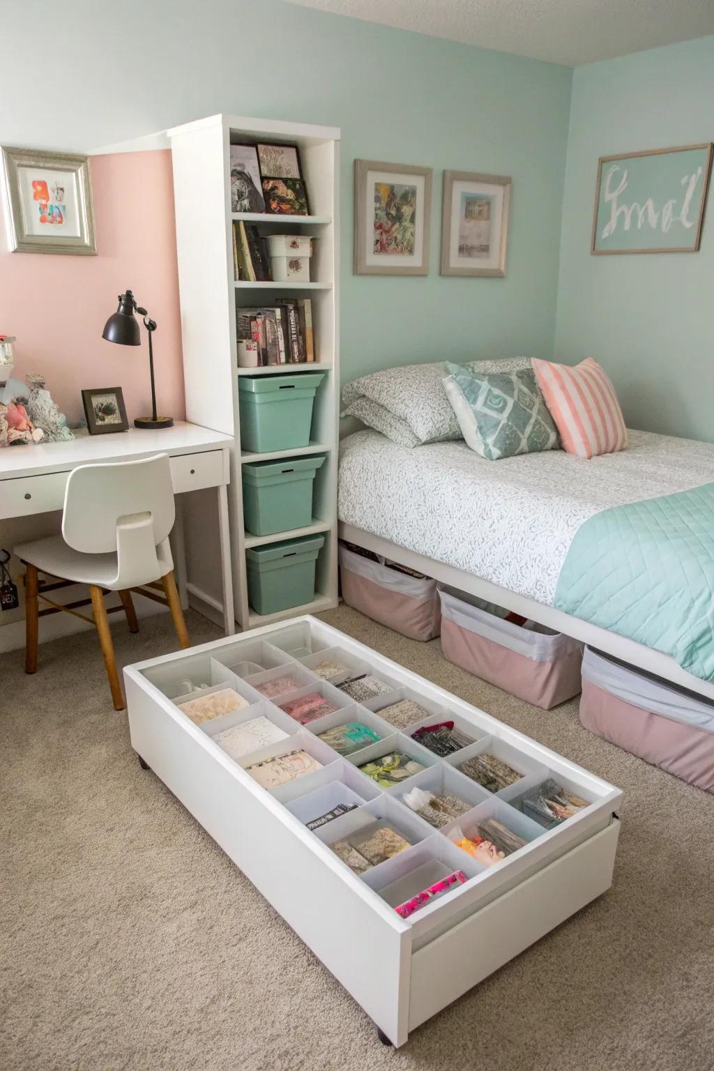 Under-bed storage is perfect for keeping items organized and out of sight.