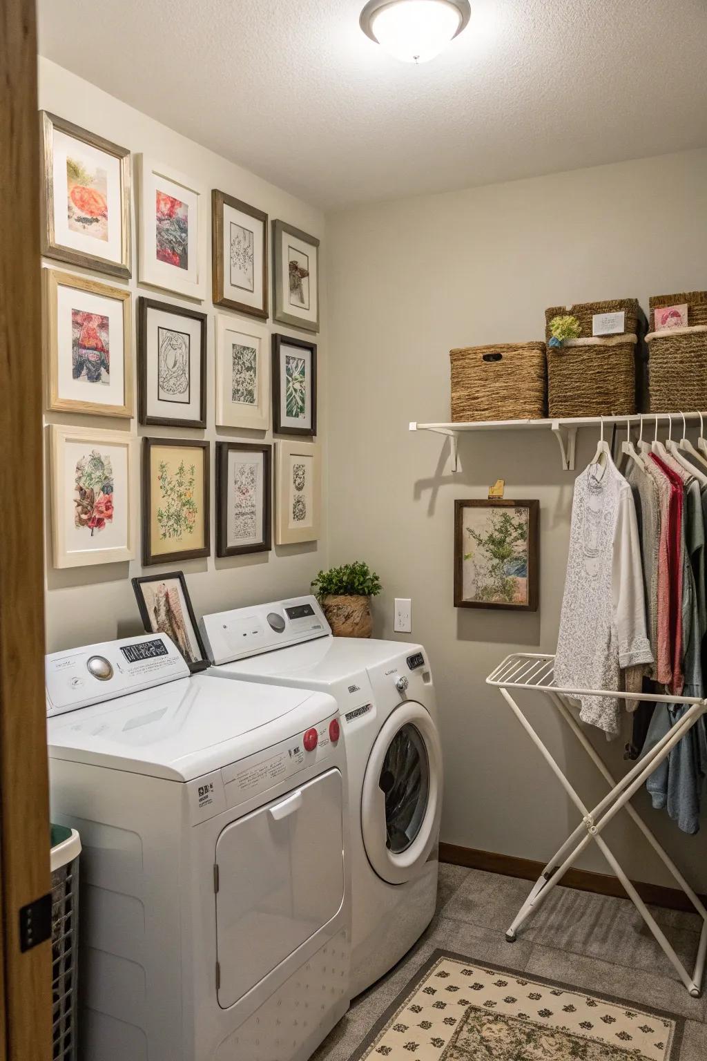 Art adds personality to the laundry room.