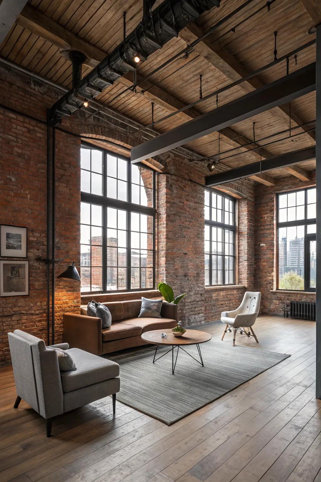 Industrial chic loft highlighting unique architectural features.