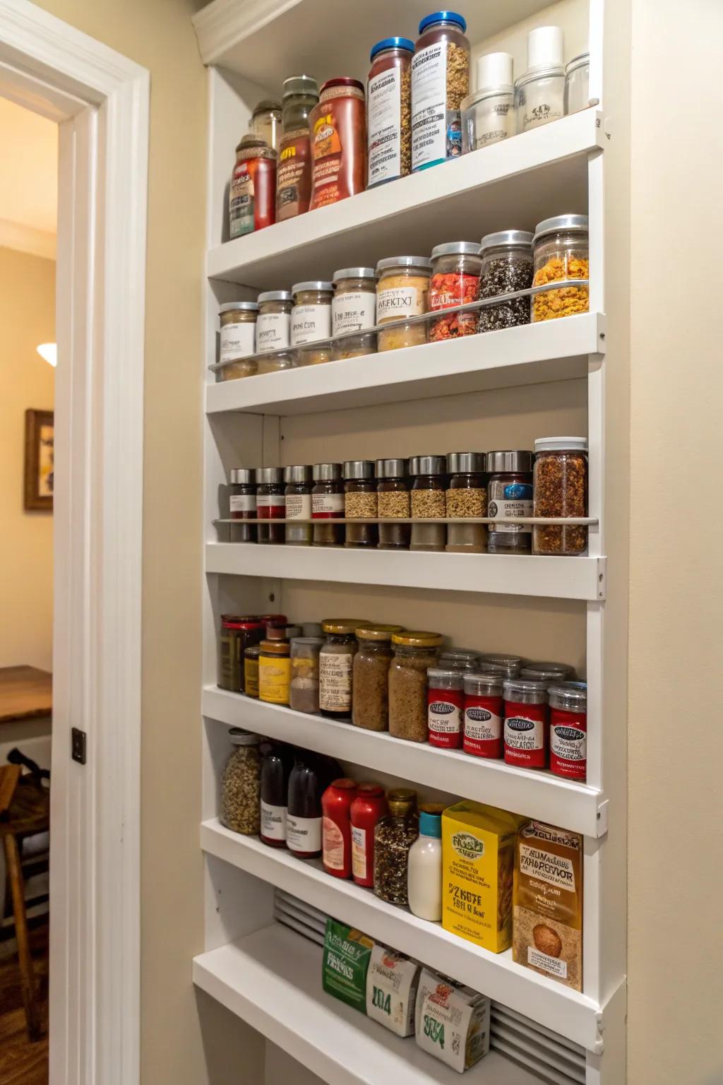 Floating shelves maximize wall space for additional storage.