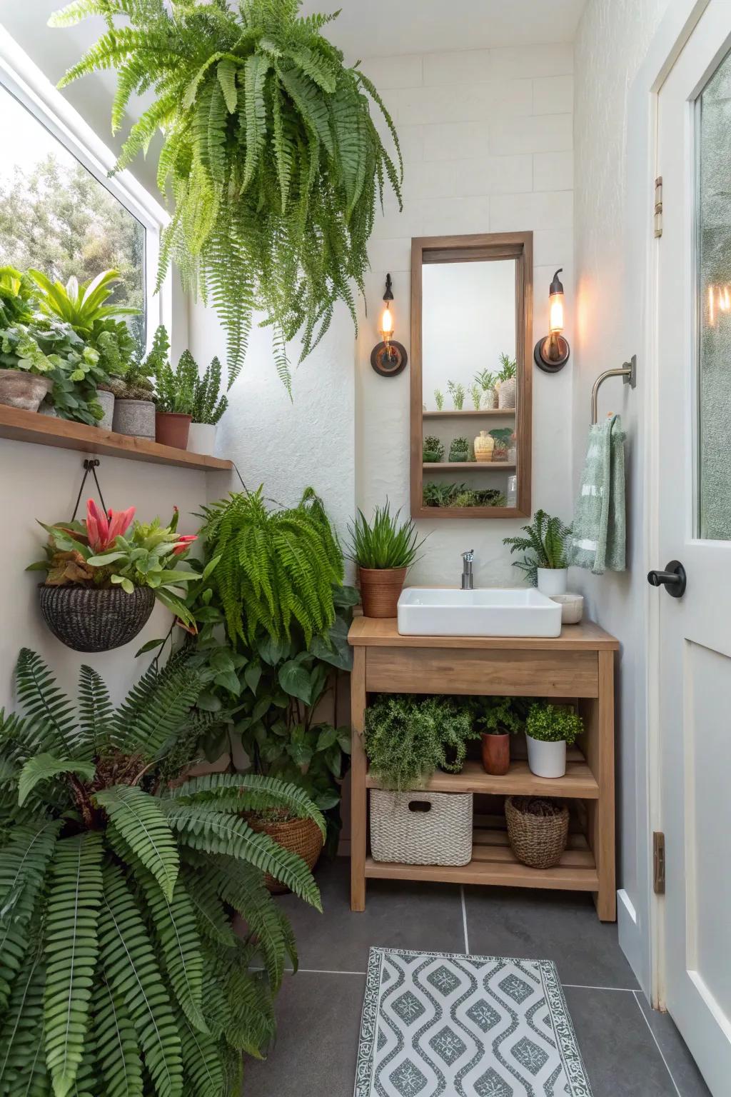 Greenery adds freshness and vitality to powder rooms.