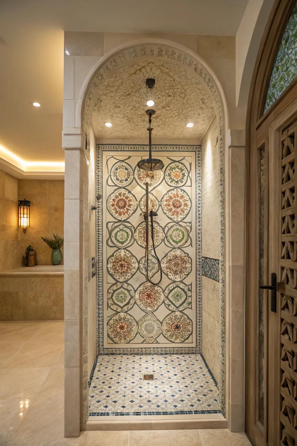 A small shower transformed by a decorative tile feature.