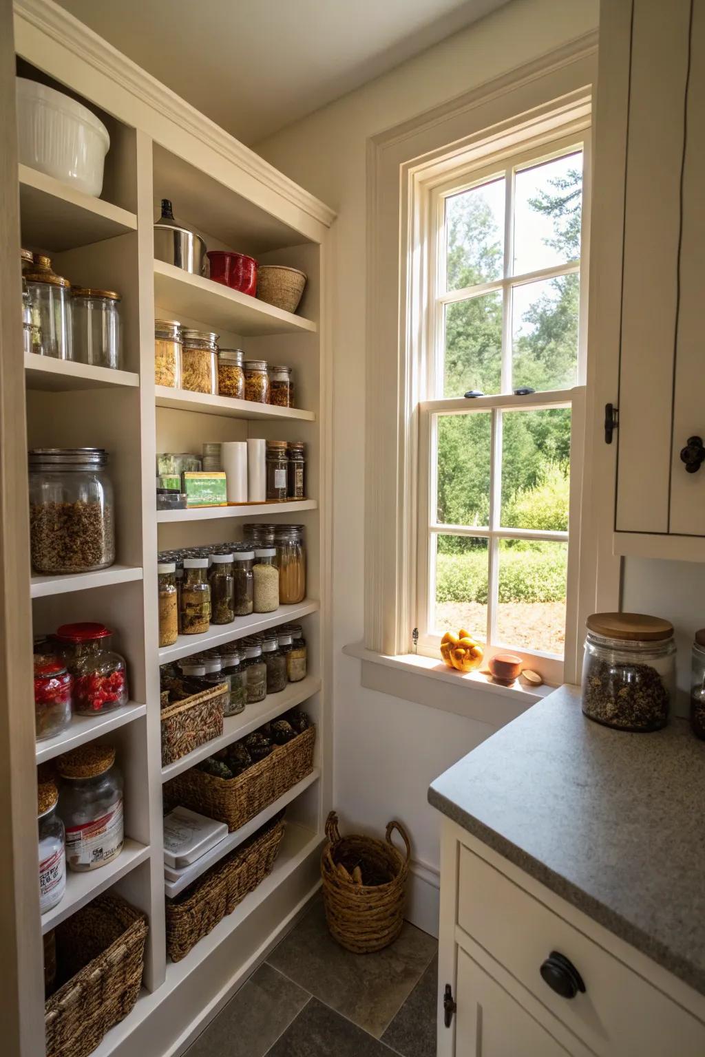 Natural light creates an inviting and well-lit pantry.