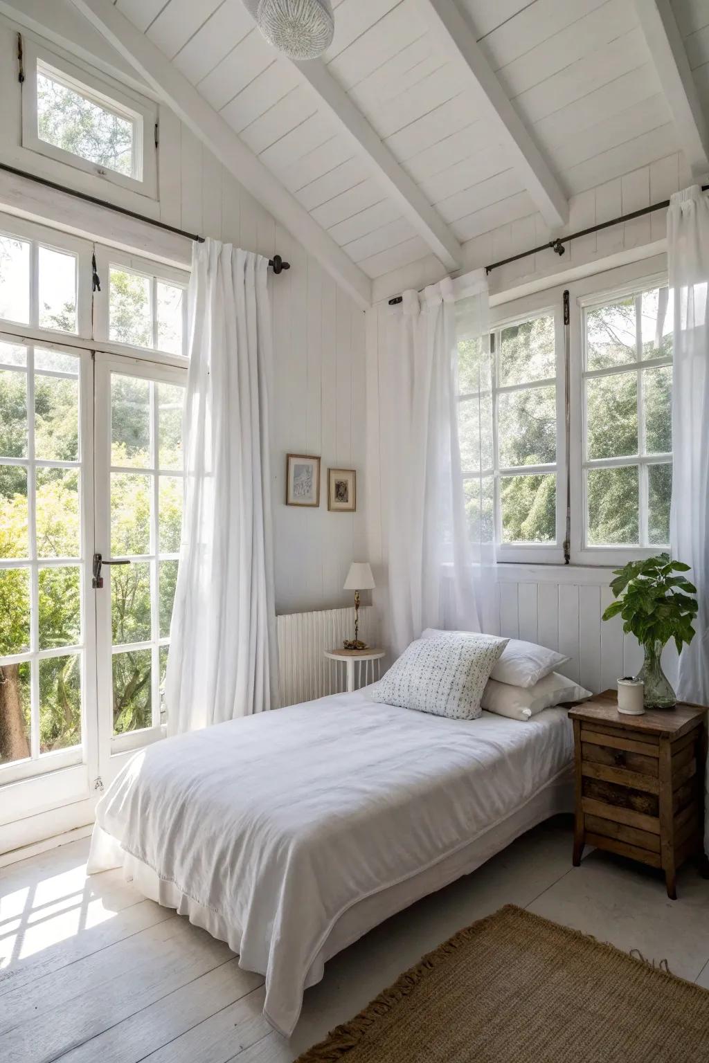 Natural light makes a small white bedroom feel larger and more inviting.