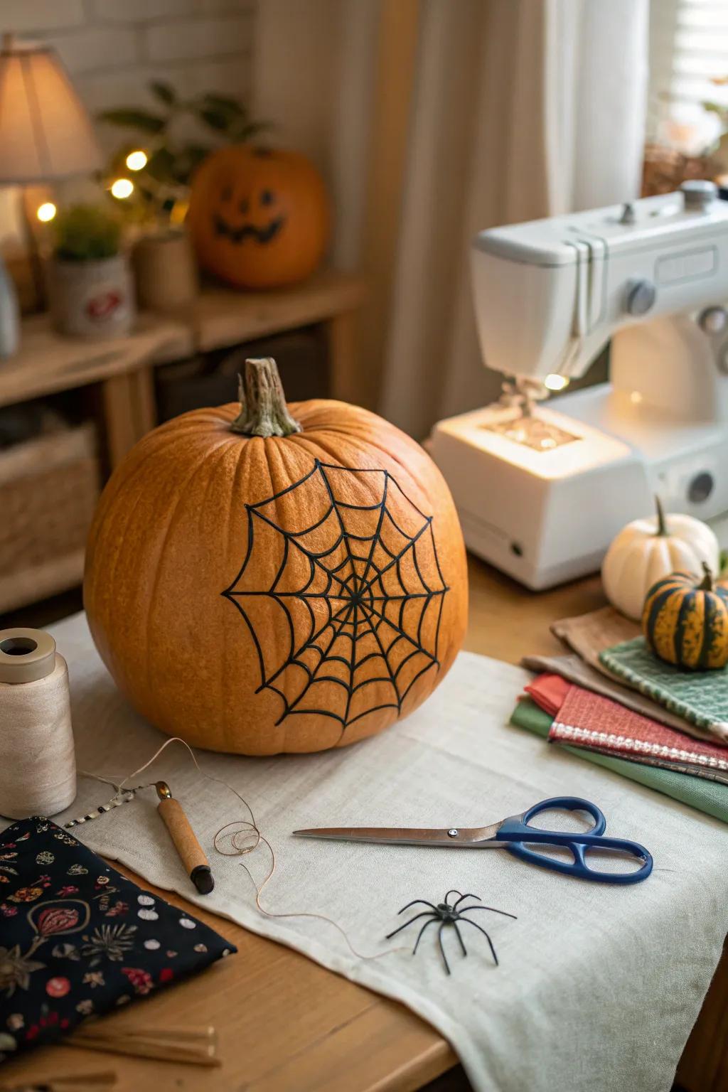 A pumpkin with a delicate embroidered web.