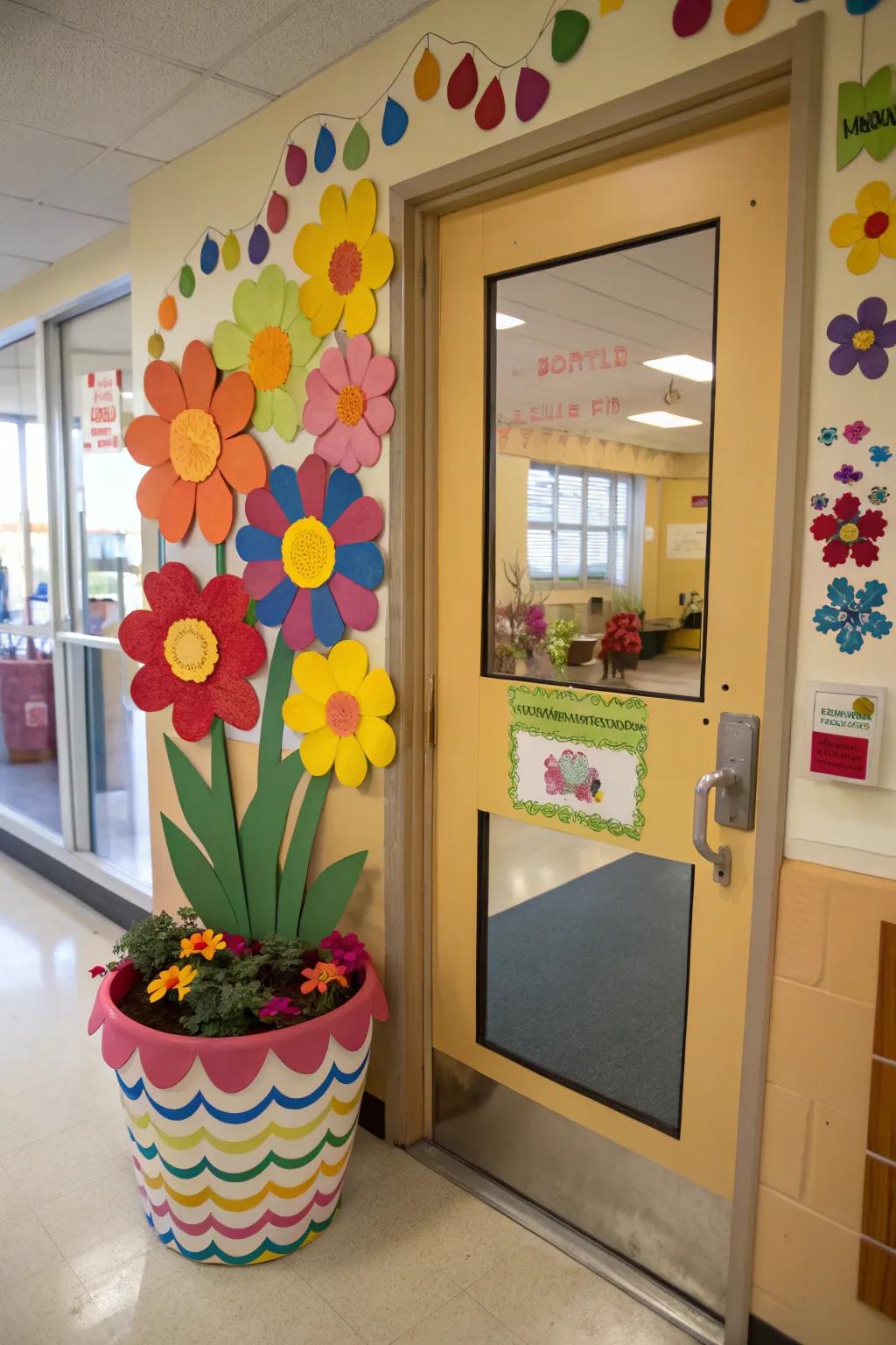 A flower pot craft decorates the preschool door.