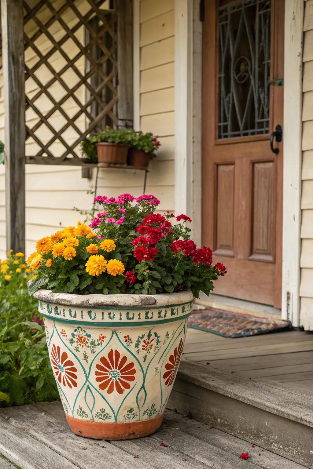 A statement planter creating a focal point on the porch.