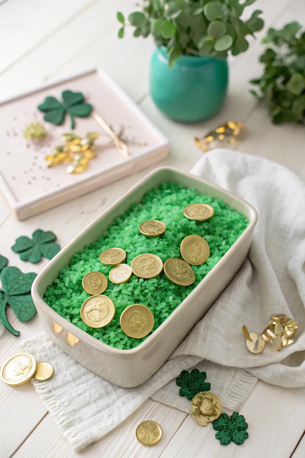 Delight in the simple joys of a St. Patrick's Day sensory bin, where playful textures meet minimalist elegance.