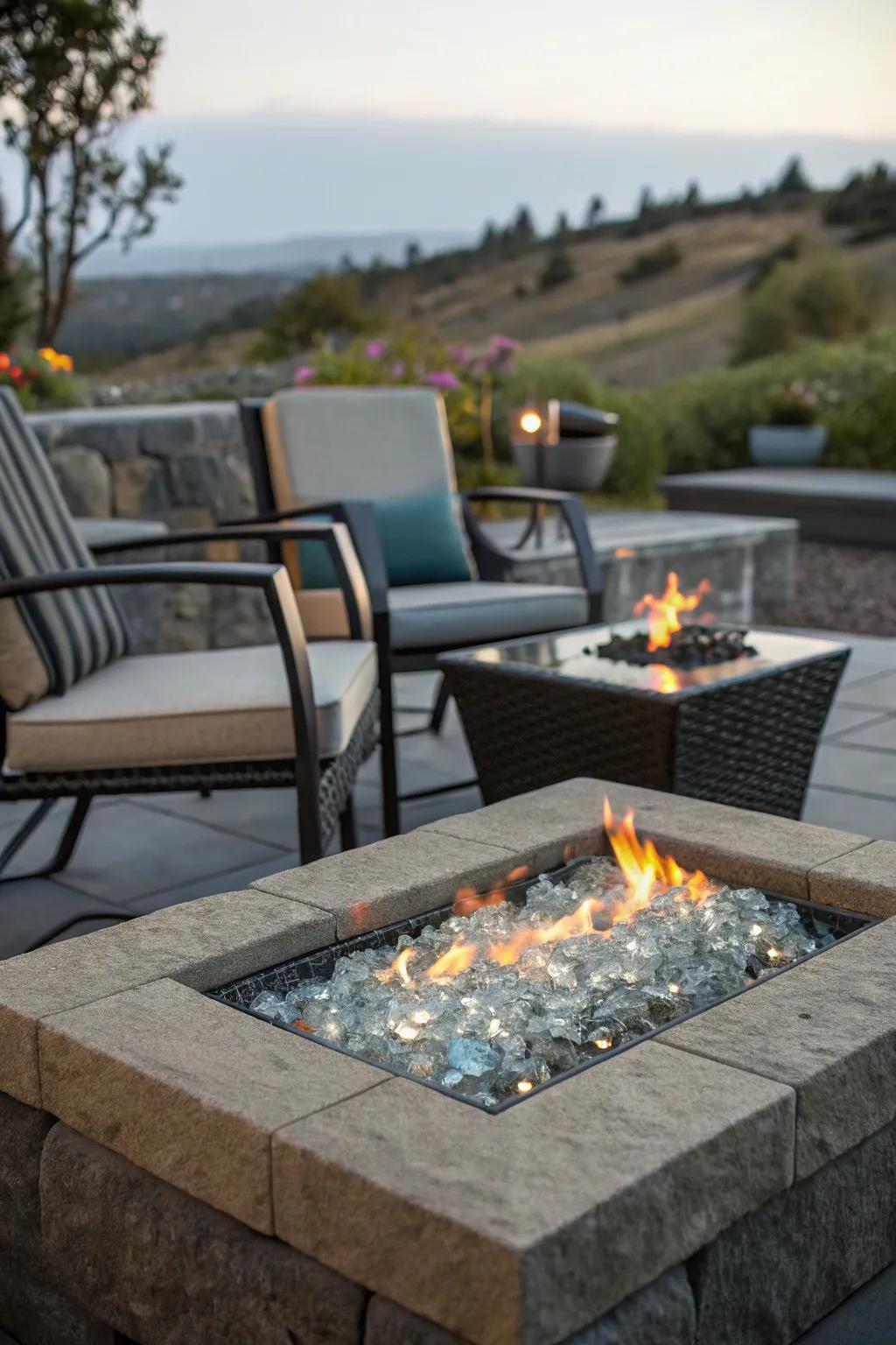 Reflective glass adds a modern and glamorous touch to the fire pit.