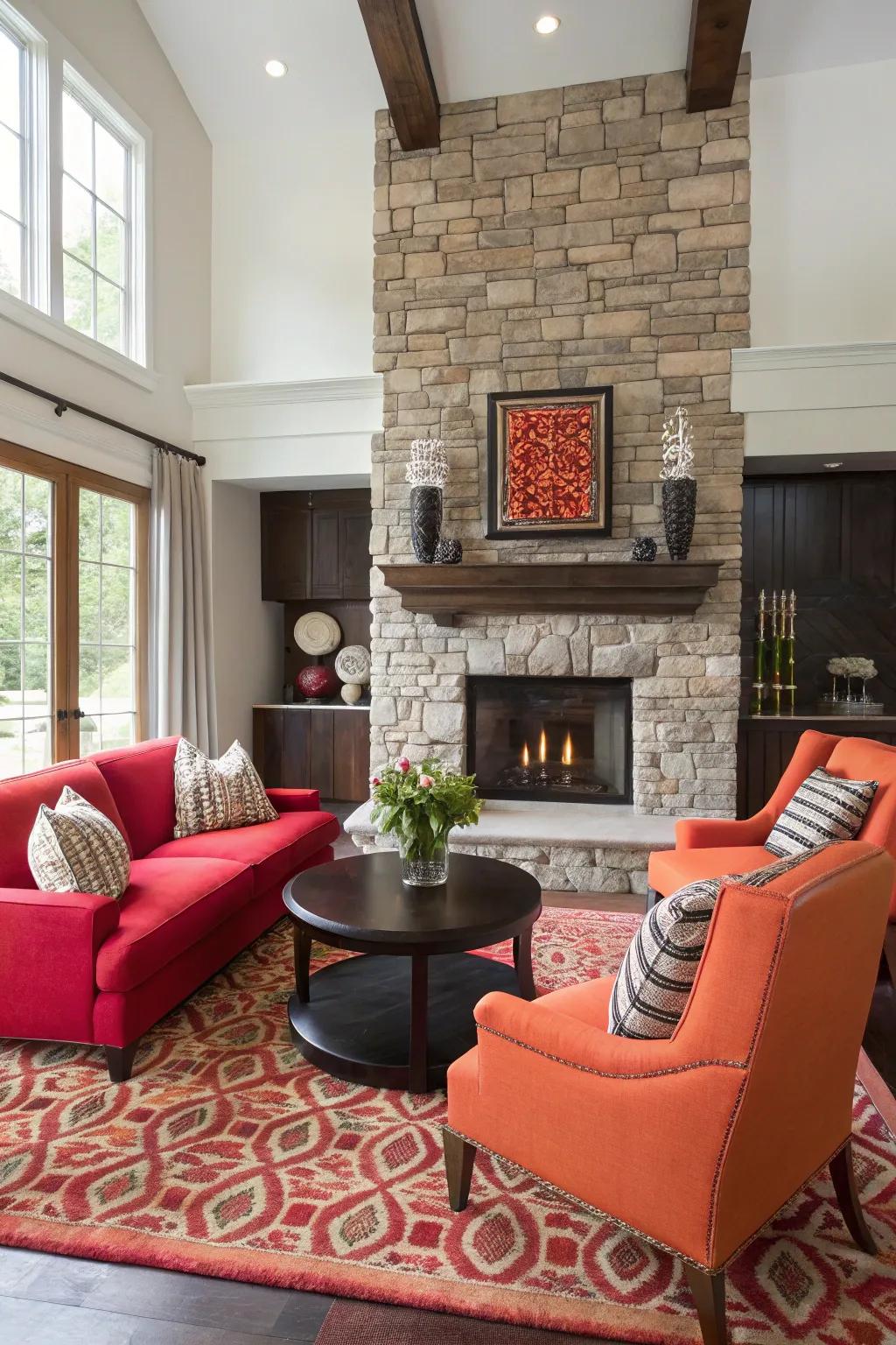 Bold color contrast makes this stone fireplace a striking focal point.