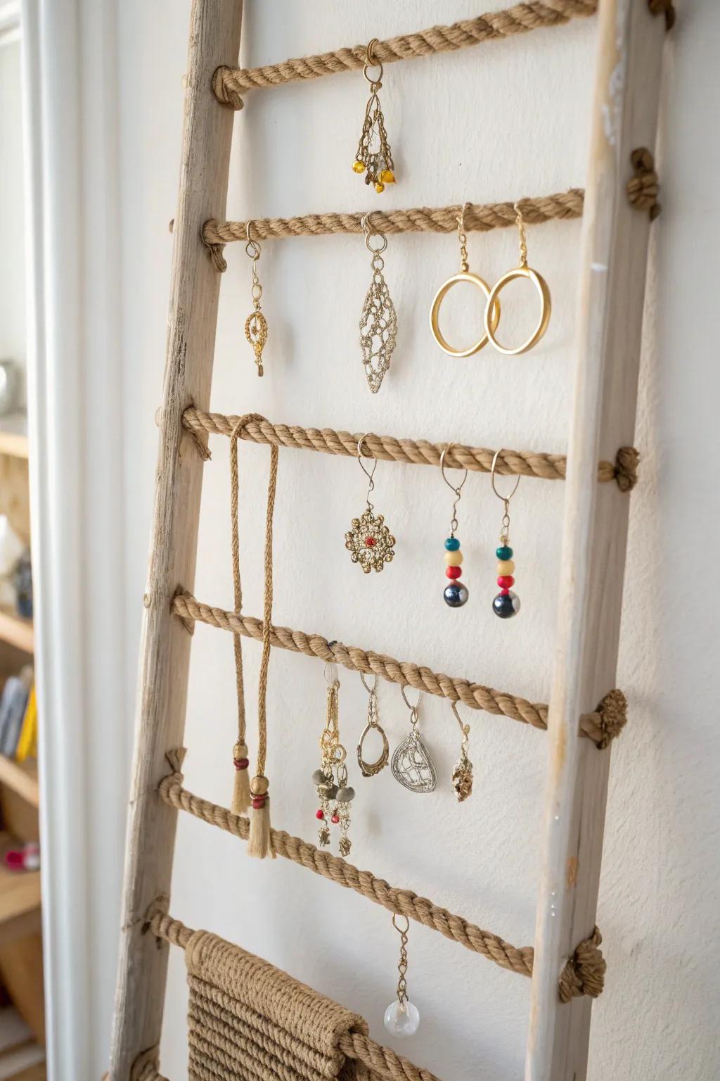 Transform your earring collection into a stunning boho-chic display with this elegant rope ladder idea! 🌿✨
