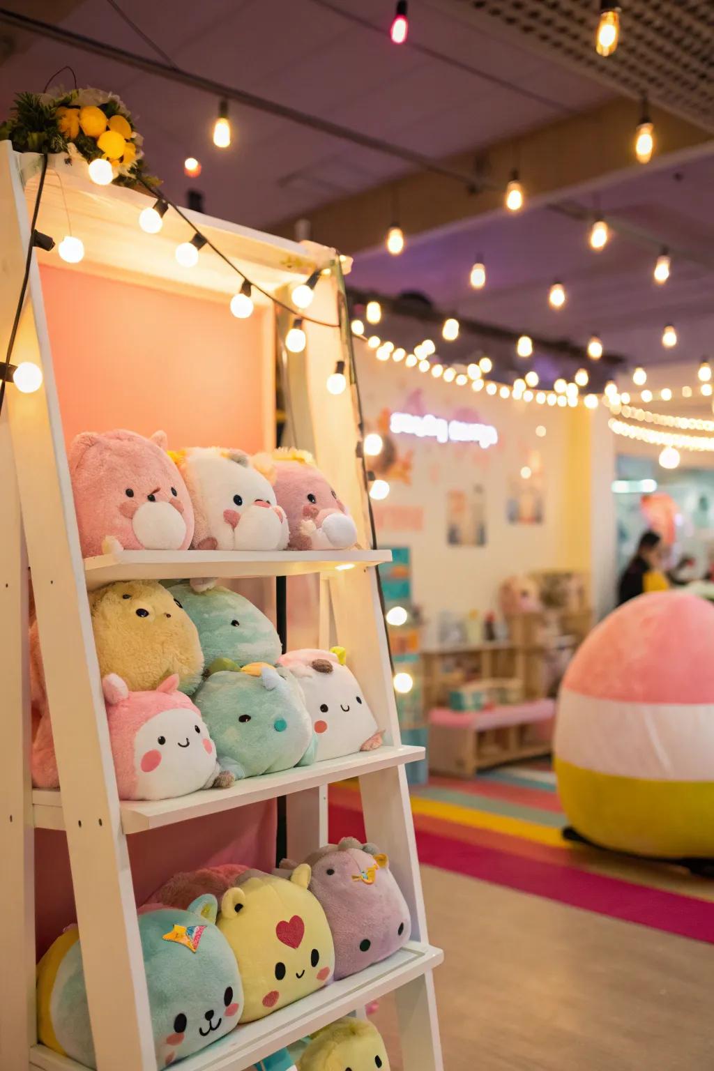 Display racks with fairy lights create a dynamic showcase for Squishmallows.