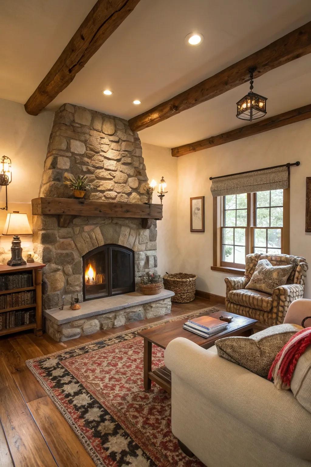 A rustic hearth adds vintage charm to this stucco fireplace.