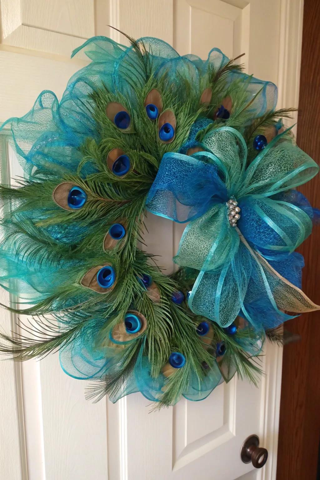 A peacock splendor mesh wreath that adds elegance and flair.