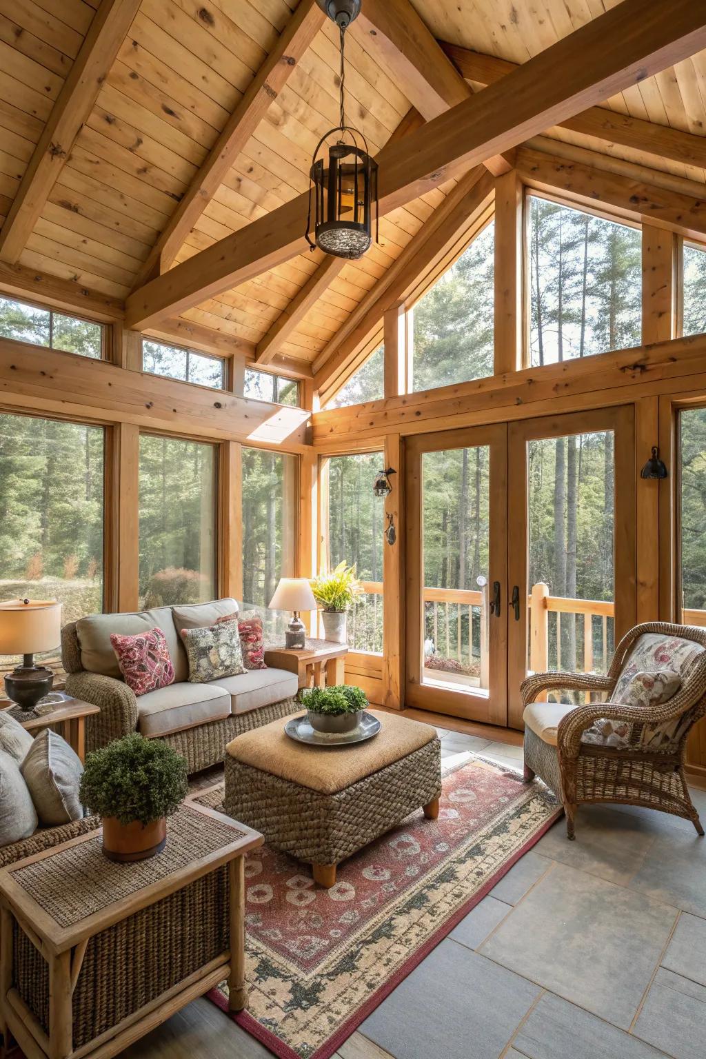 A sunroom exuding rustic cabin vibes, filled with warmth and coziness.