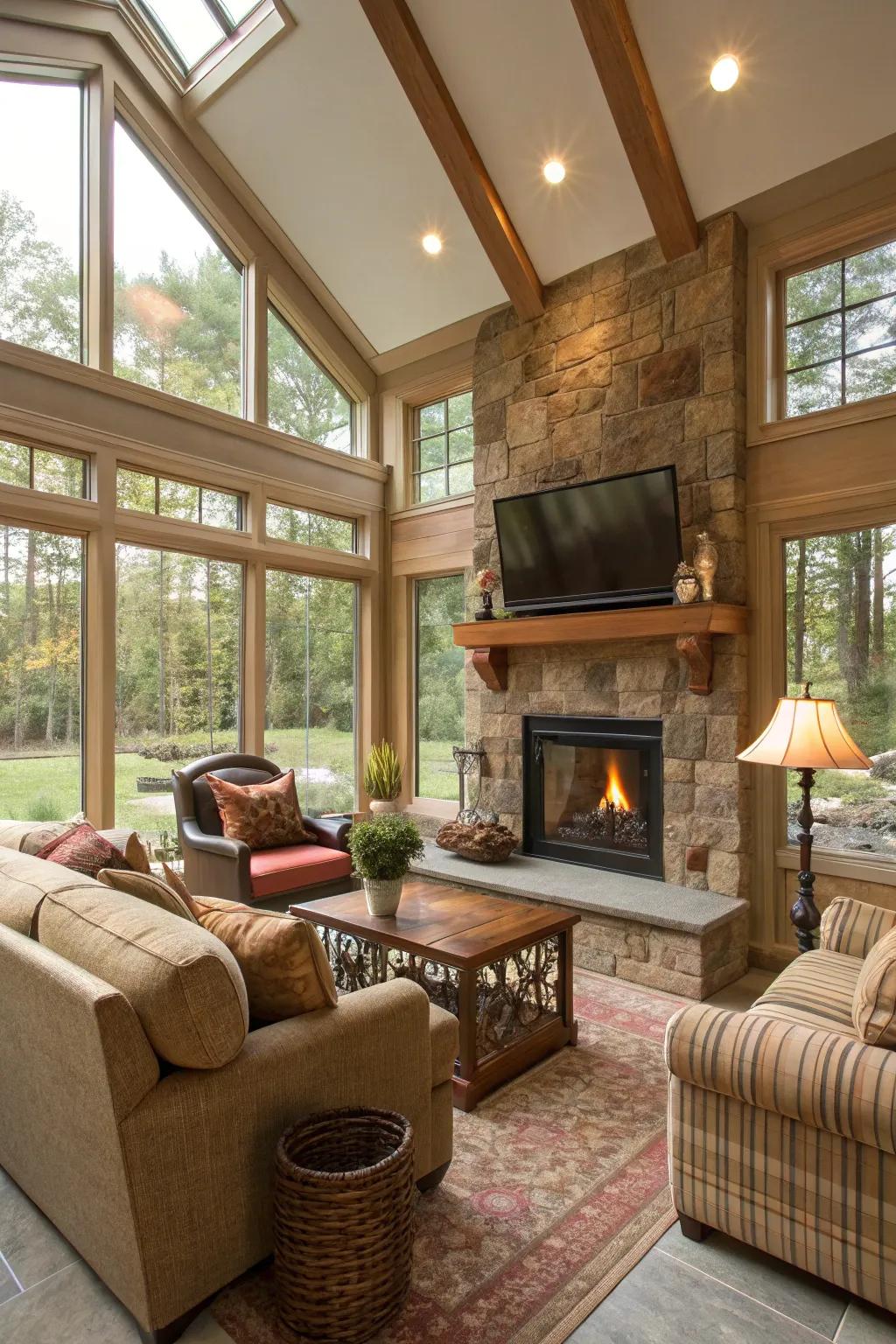 An integrated fireplace and TV creating a multi-functional sunroom for relaxation and entertainment.