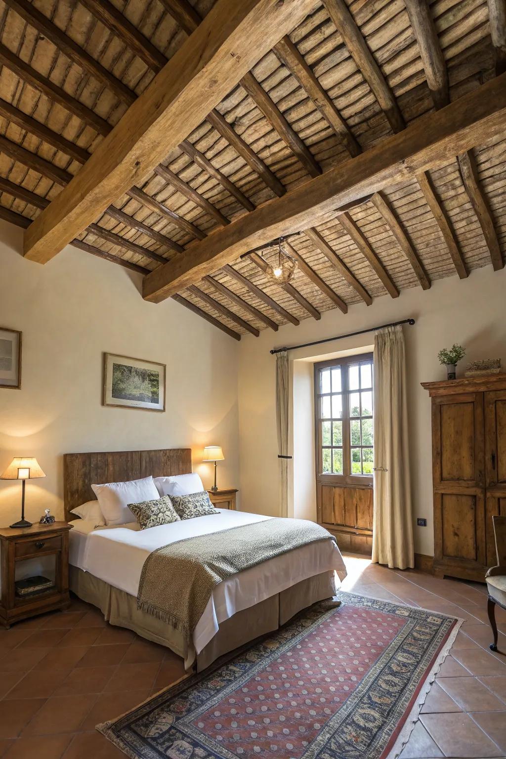 Guest room with beams and textured ceiling creating a captivating look.