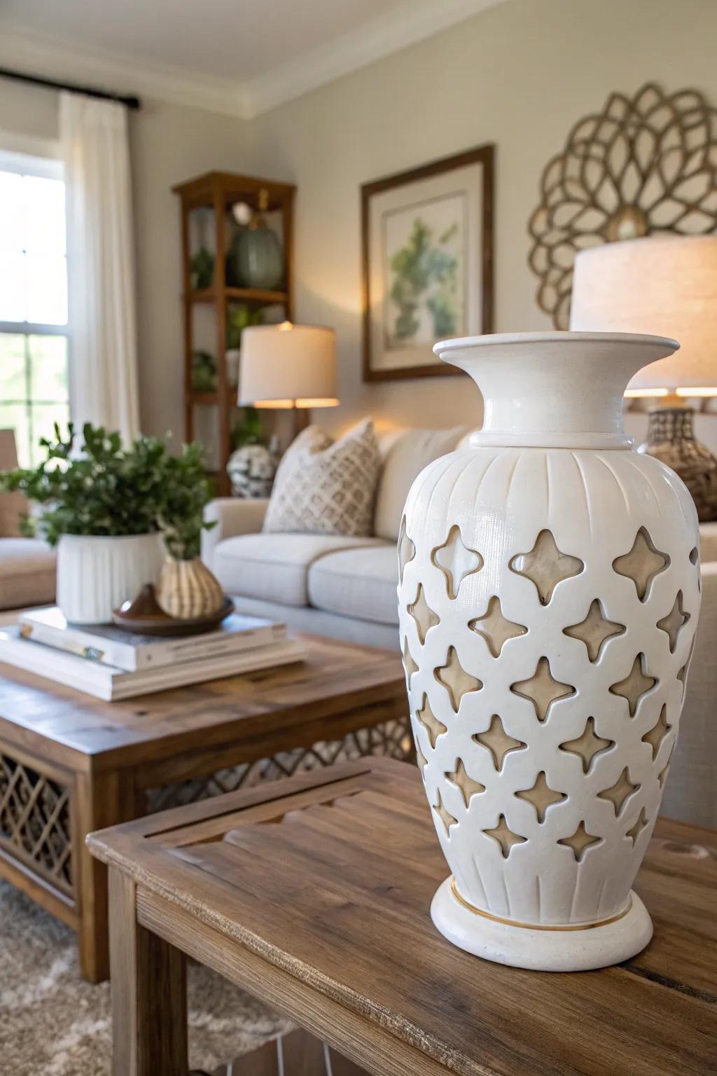 Vases with cutouts add a playful touch.