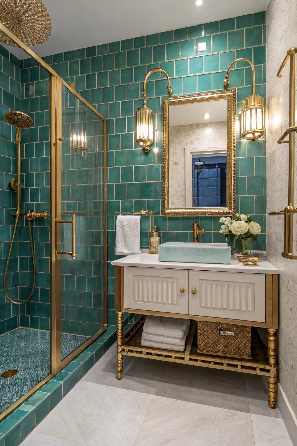 An opulent bathroom featuring the luxurious pairing of teal and gold.