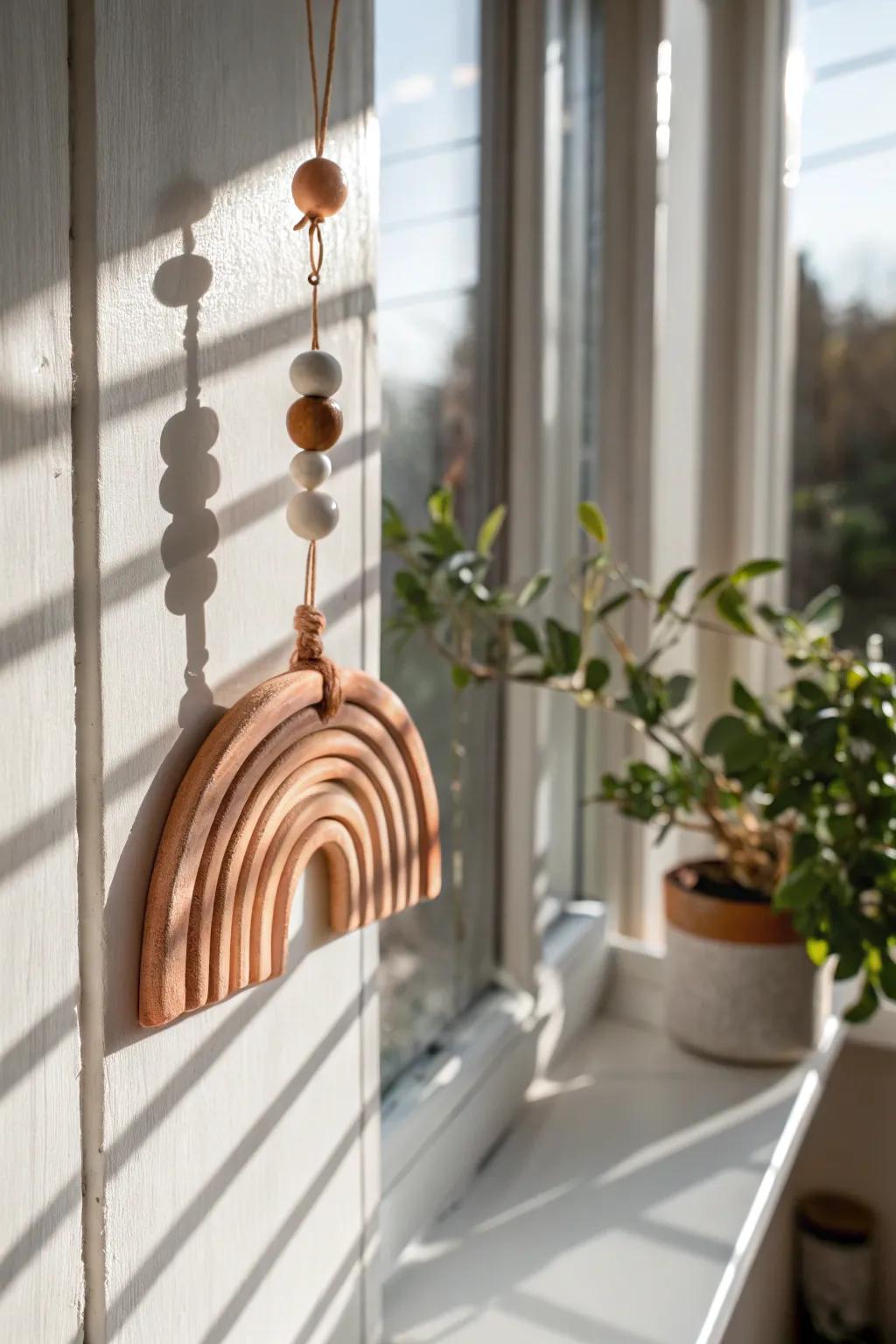 Capture the magic of sunlight with this elegant terracotta suncatcher, a perfect blend of minimalism and bohemian charm.
