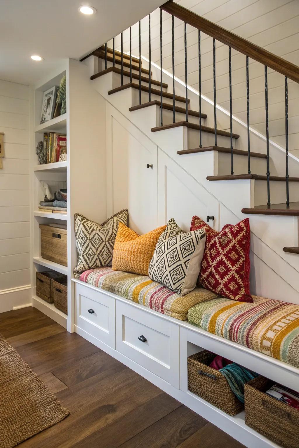 Under-stair storage turning a forgotten space into a pillow haven.