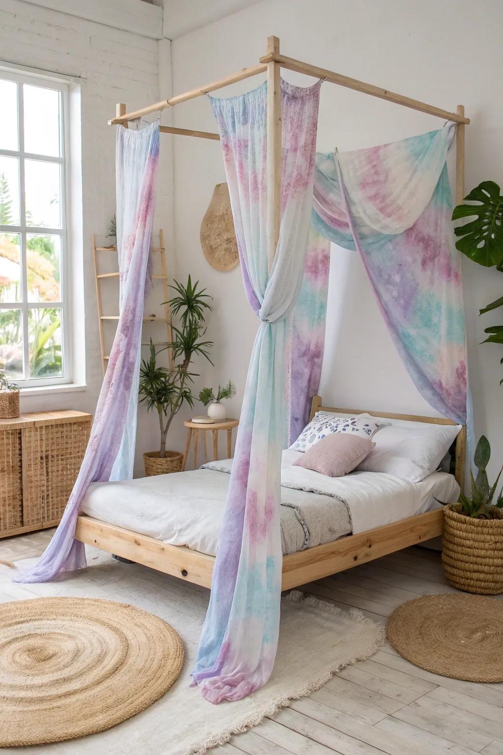 Transform your bedroom into a dreamy oasis with a pastel tie dye canopy, where vibrant hues meet minimalist elegance.