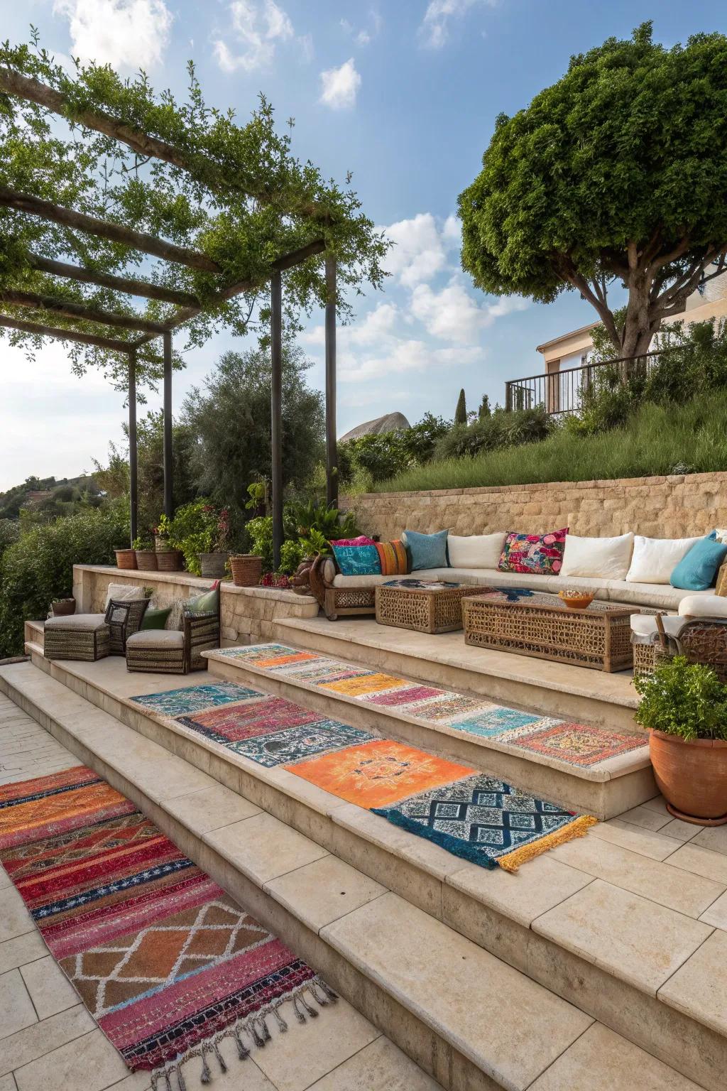 Colorful outdoor rugs add warmth and define areas on a tiered patio.