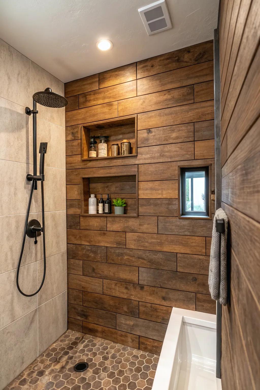 Wood-look tiles provide warmth and rustic charm.