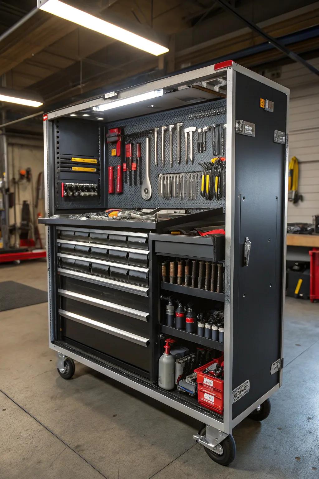 A mobile tool cart loaded with tools in a tool crib.