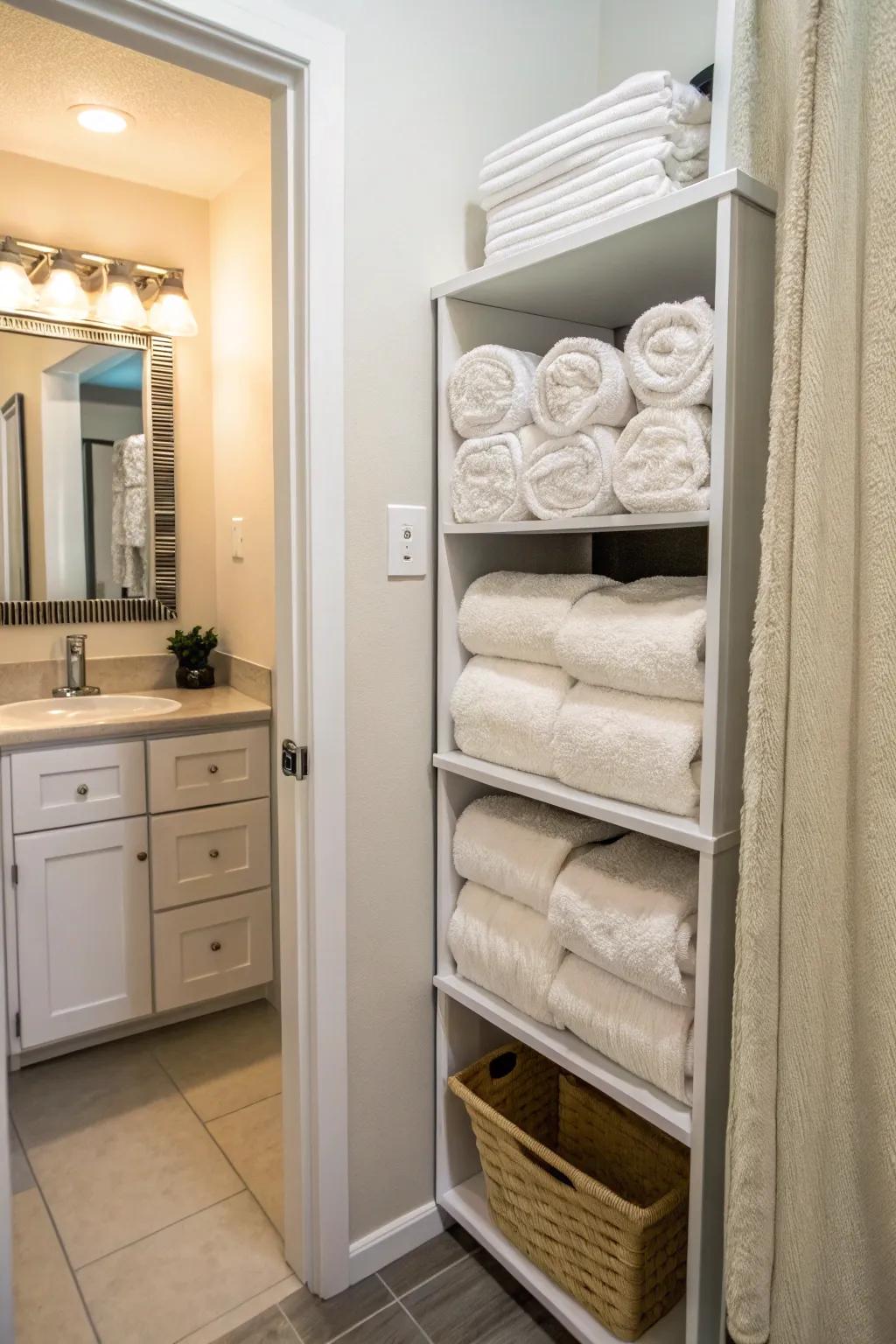 Tower storage is ideal for compact, organized towel storage.