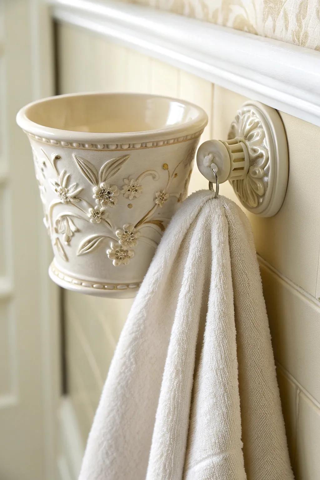 Elevate your bathroom decor with vintage-inspired porcelain towel holders, where artistry meets functionality.
