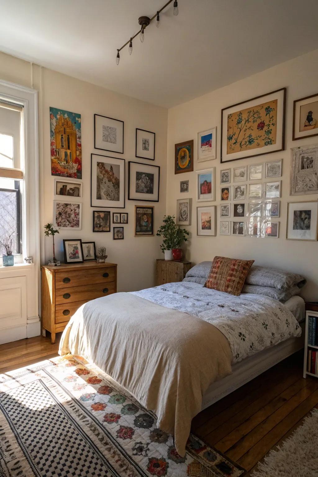 Personal art adds character and individuality to this townhouse bedroom.