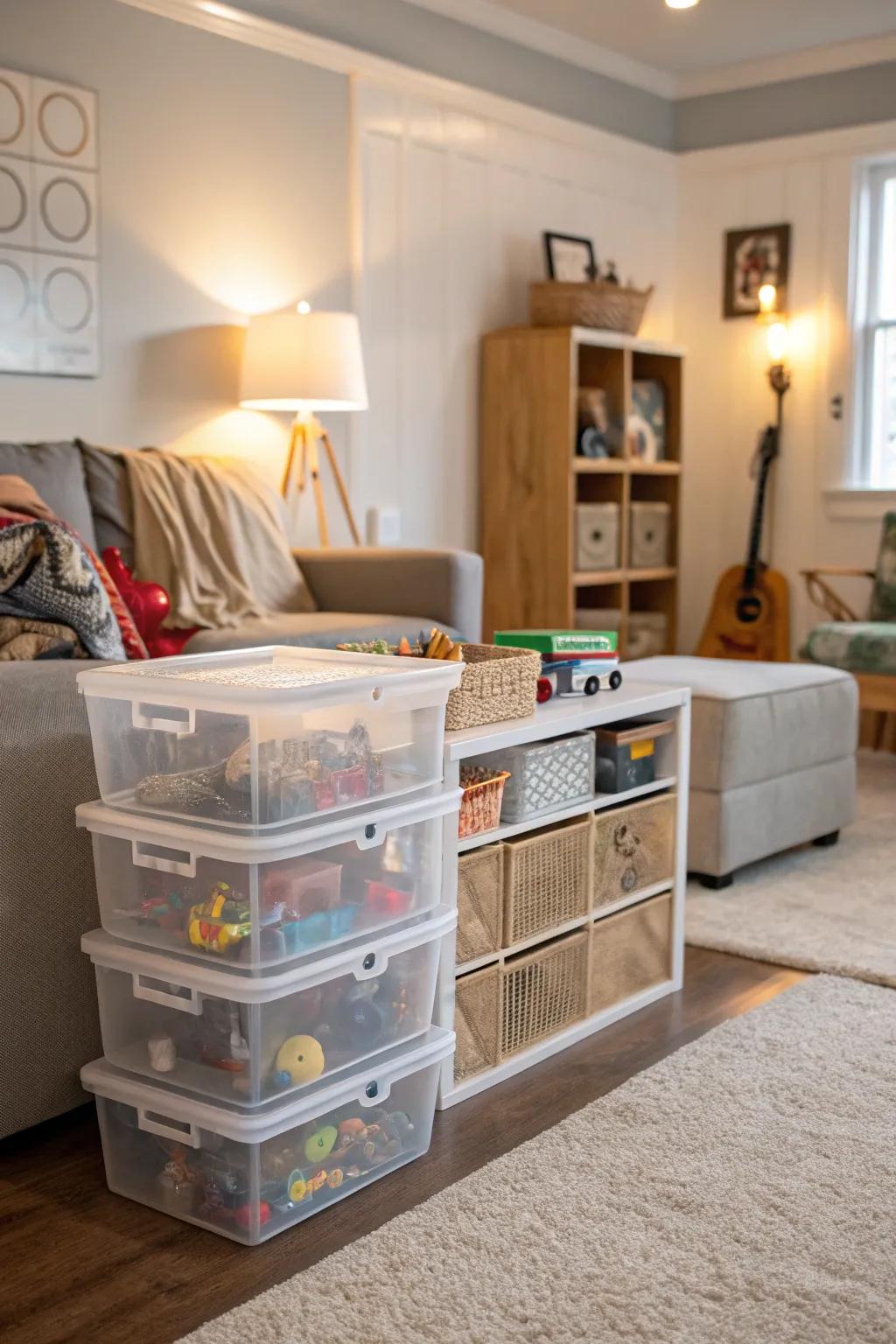 Stackable boxes offer practical toy storage.