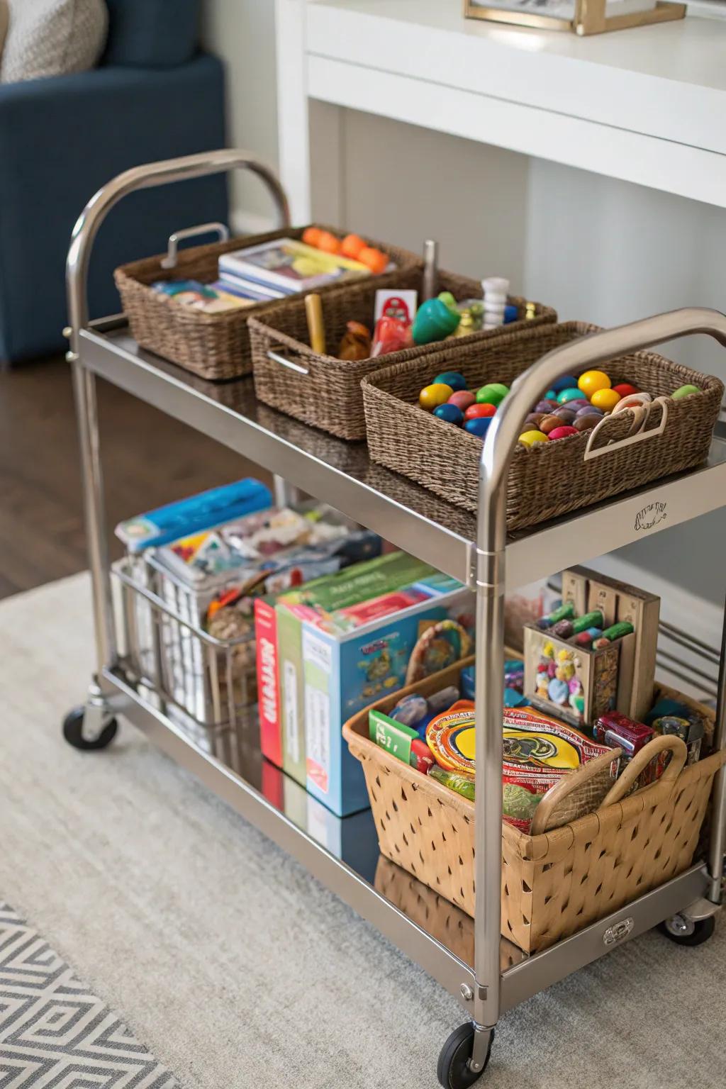 Bar cart repurposed into a mobile toy storage solution.