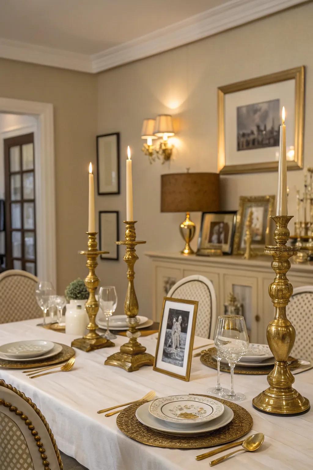 Gold accents add a touch of glamour and warmth to the dining room.