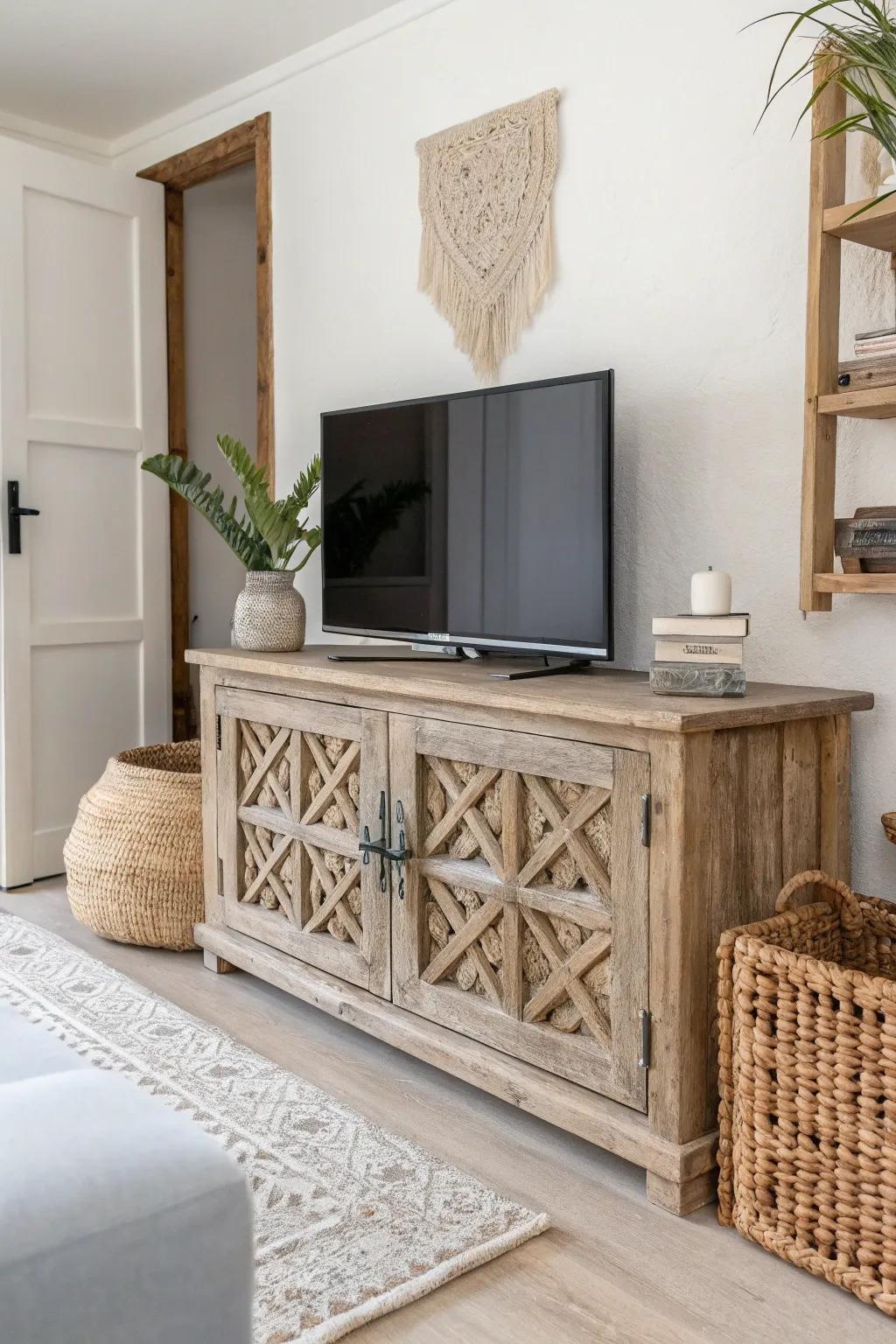 Transform vintage charm into a stunning focal point with an upcycled door TV riser. Perfect for those who love a blend of Scandinavian minimalism and Boho allure!