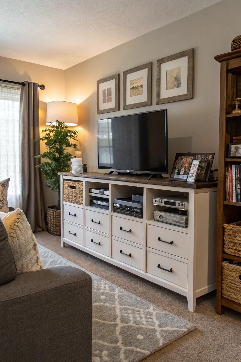 Maximize space with a TV stand that offers storage.