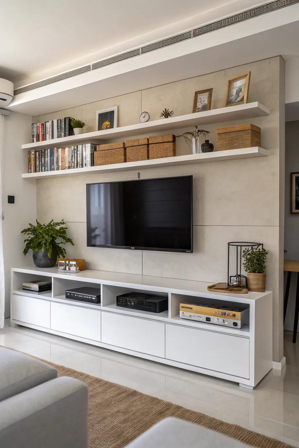 Wall-mounted storage keeps your TV area organized and stylish.