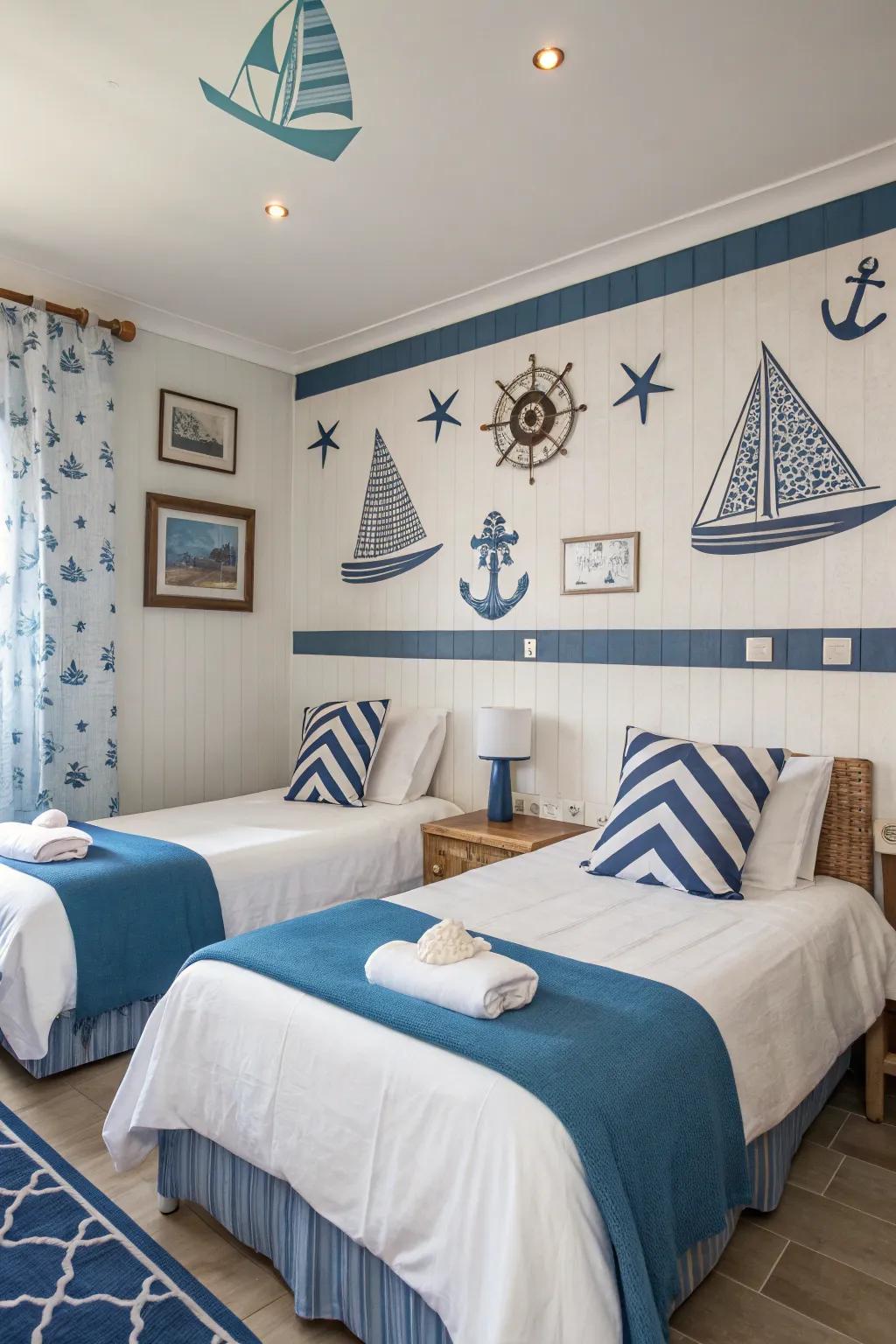 Nautical themes bring a coastal vibe to the twin bedroom.