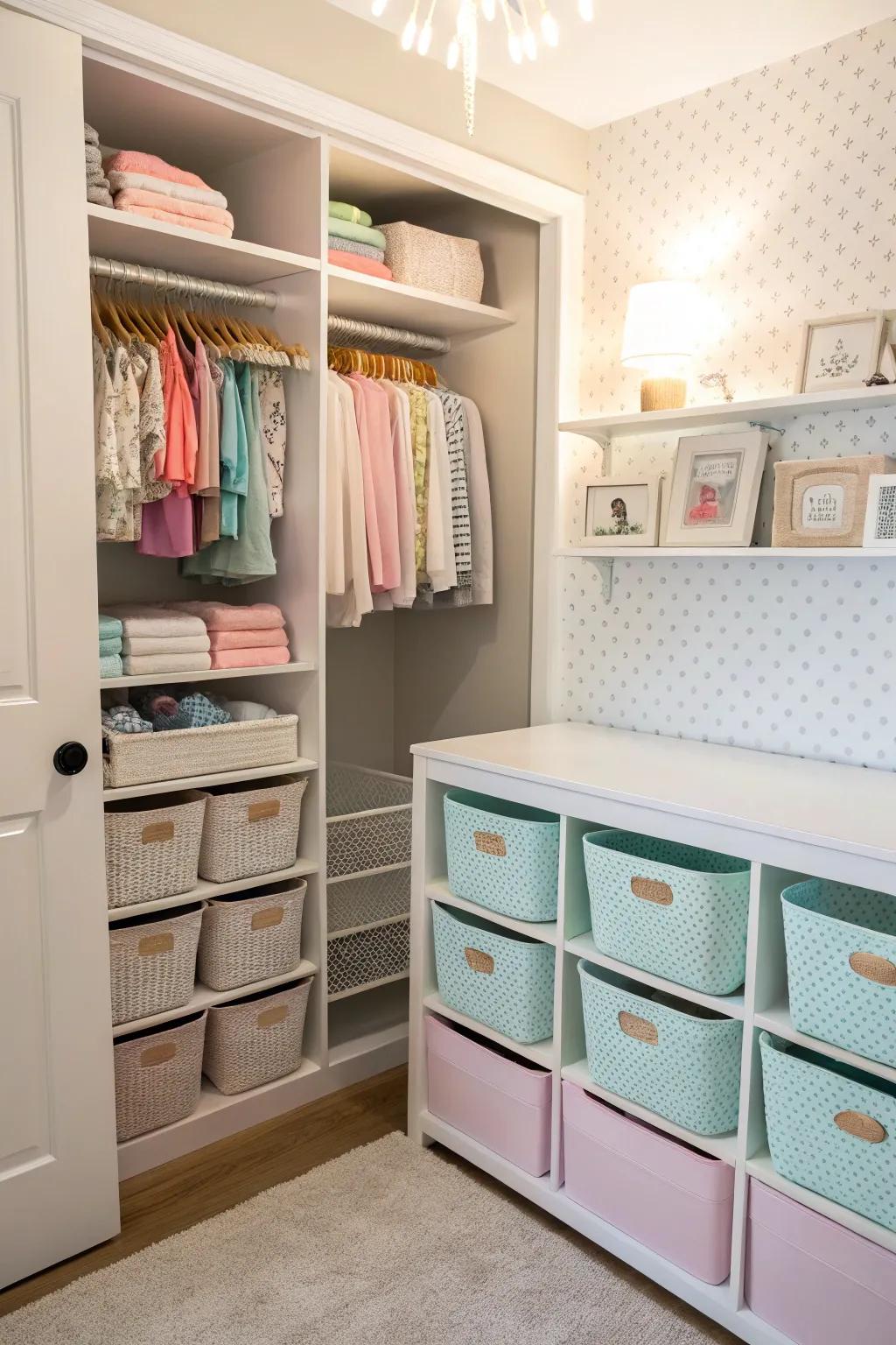 Closet organizers maximize storage efficiency in nurseries.