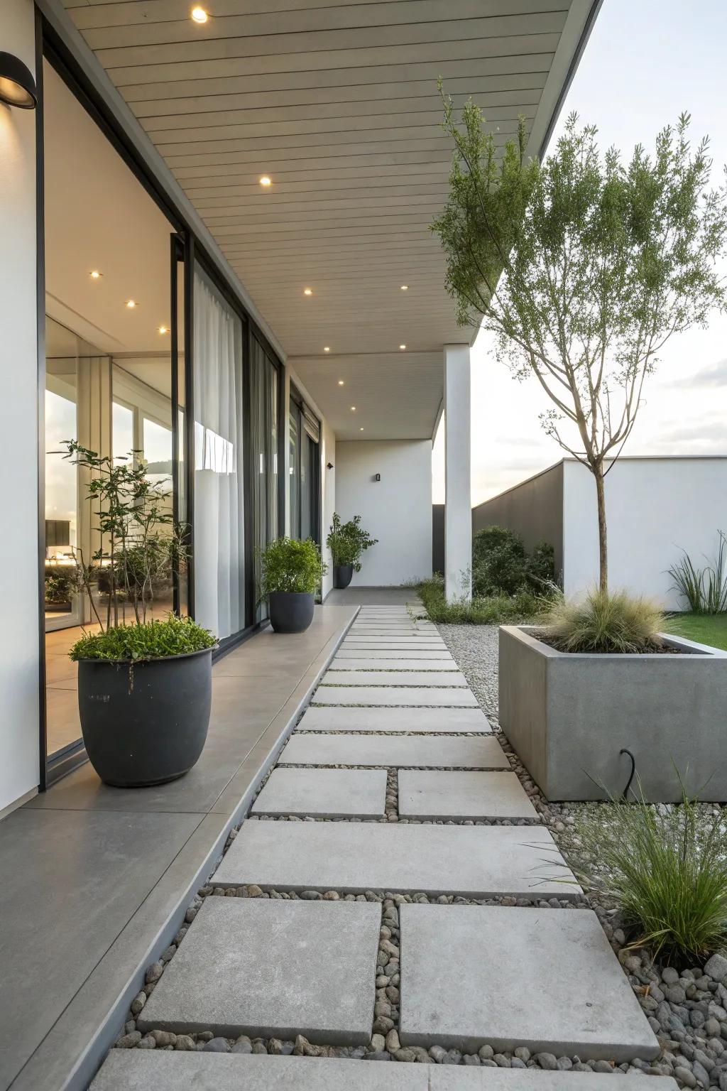 Modern concrete slabs provide a sleek, contemporary solution for uneven patios.