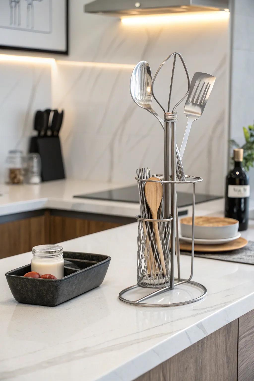 Metal stands provide a sleek, modern option for utensil storage.