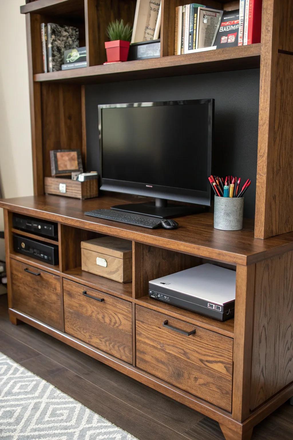 Transform your TV stand into a stylish home office station with craftsmanship and bold design.