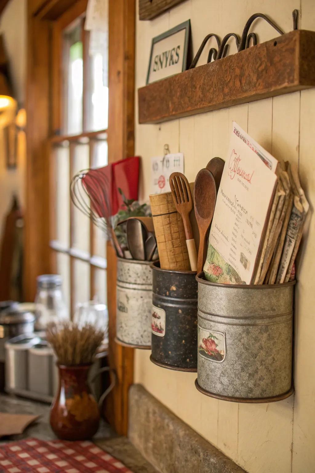 Organize with style using vintage tin wall organizers.