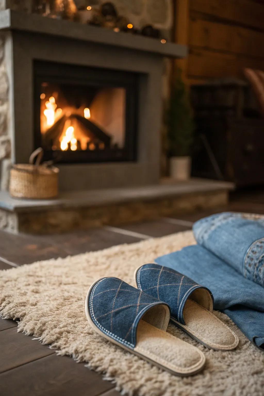 Relax in comfort with handmade denim slippers.