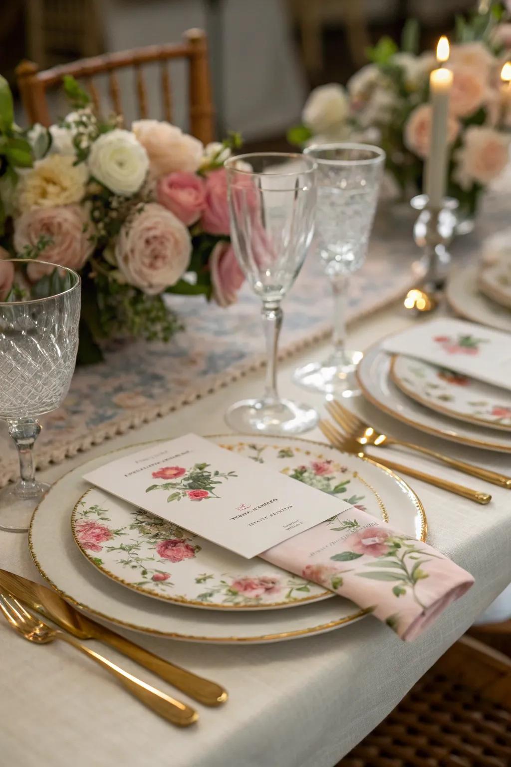 Floral seating cards add elegance to your dinner table.