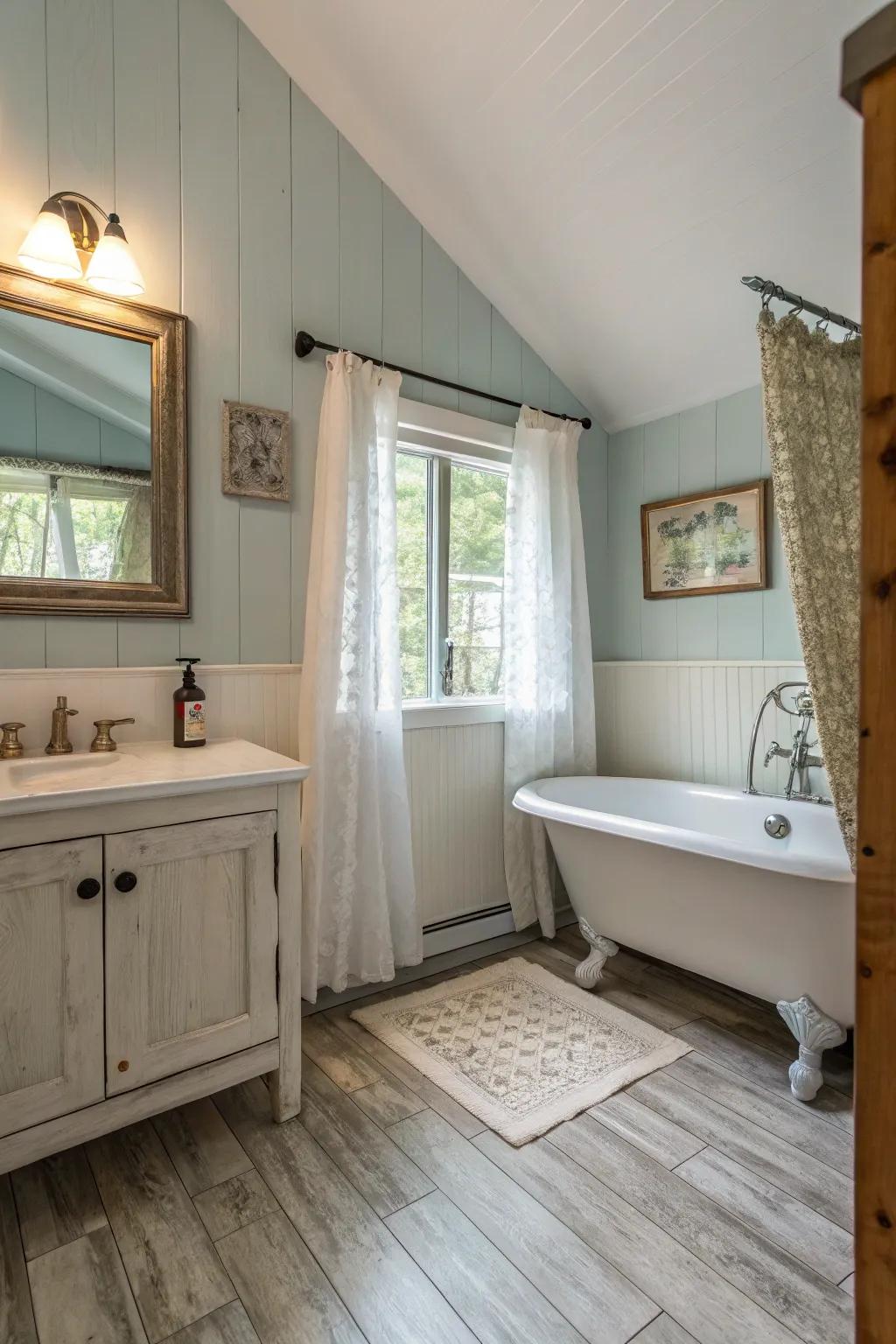 Light pastel vinyl flooring adds cottage charm to this bathroom.