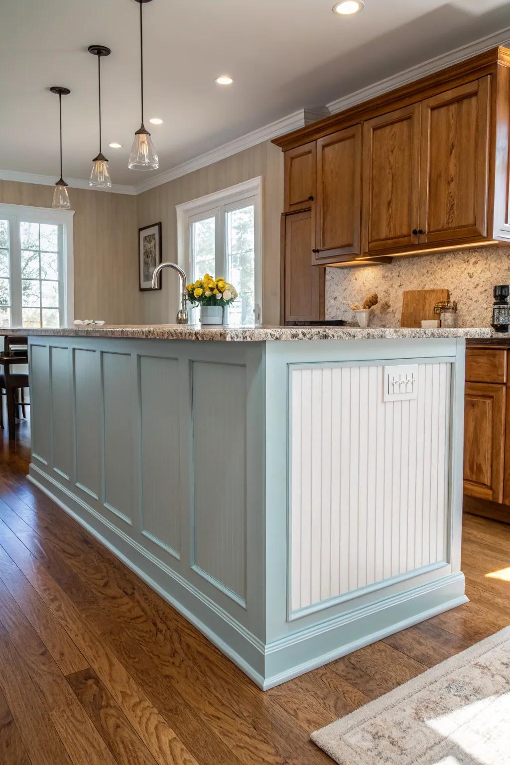 Contrasting wainscoting colors create a bold statement on this kitchen island.