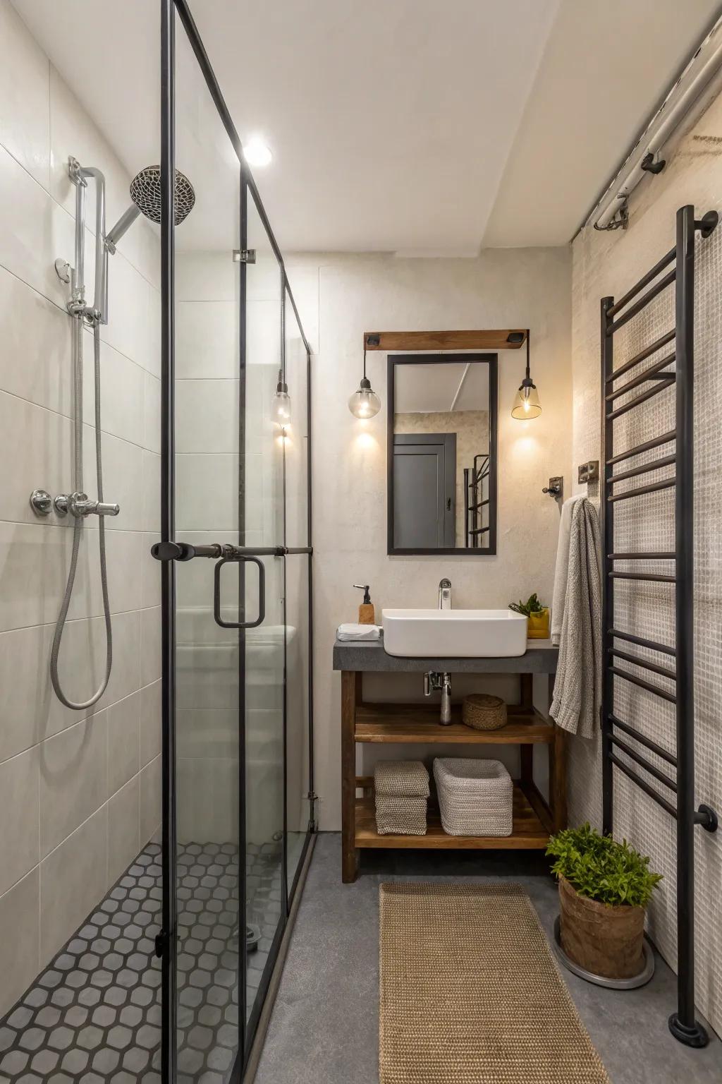 Industrial elements add a bold urban edge to small bathrooms.